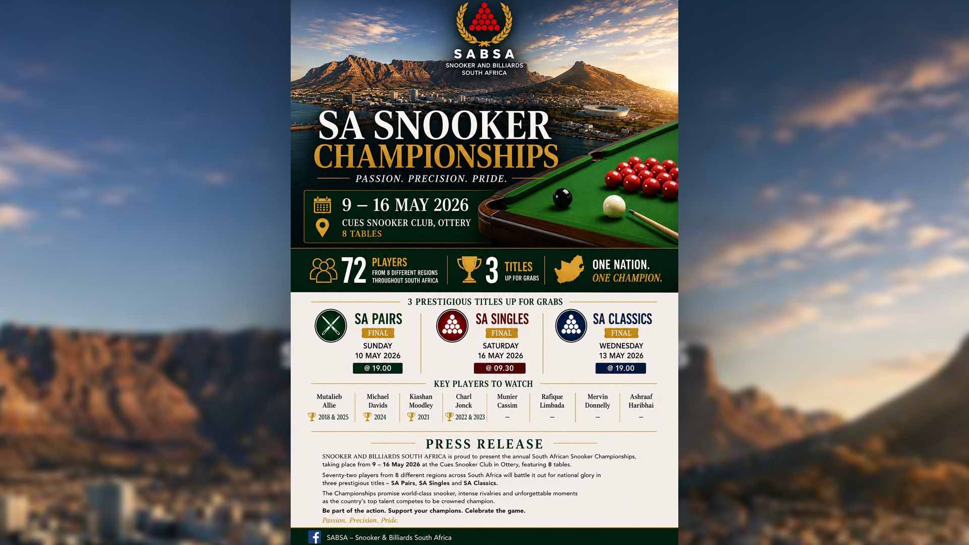 SA Open Snooker prize-giving   16 May 2026